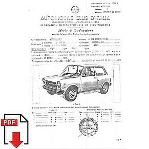 1975 Autobianchi A112 Abarth 70 HP FIA homologation form PDF download (ACI)